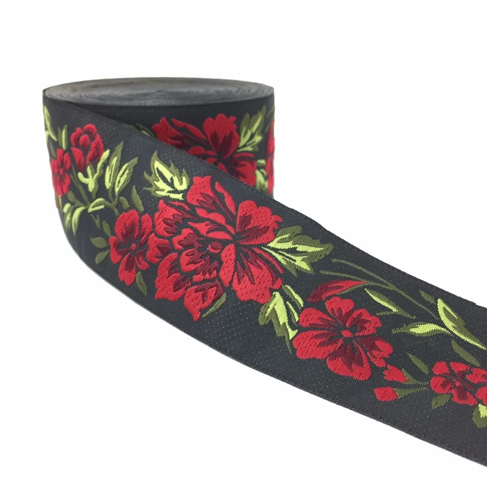 

ZERZEEMOOY 2" 5cm 10yard/lot High quality Woven Jacquard Ribbon black background red and green flowers pattern MZZD17032802