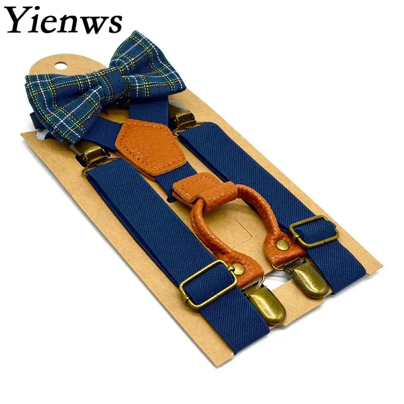 Yienws Children Baby Bow Ties and Suspenders Pink Navy Suspenders Boys Pant Strap Tirantes Bebe Bretelles Enfant YiA138