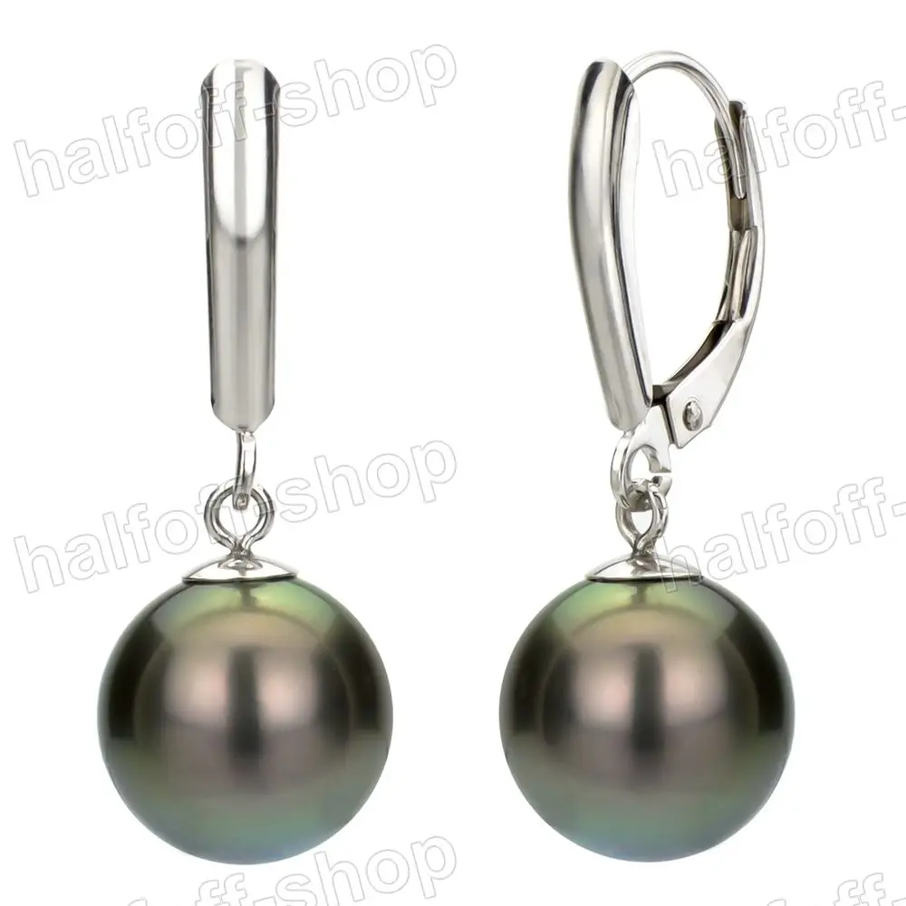 

12mm Black Sea shell Pearl Sterling Silver Leverback Earring^^@^Noble style Natural Fine jewe FREE SHIPPING