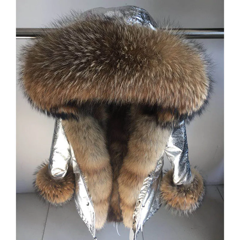 2024 Genuine Silver Fox Fur Collar Hooded Long Casual Parkas Women Winter Real Raccoon Fur Lining Coat Jacket