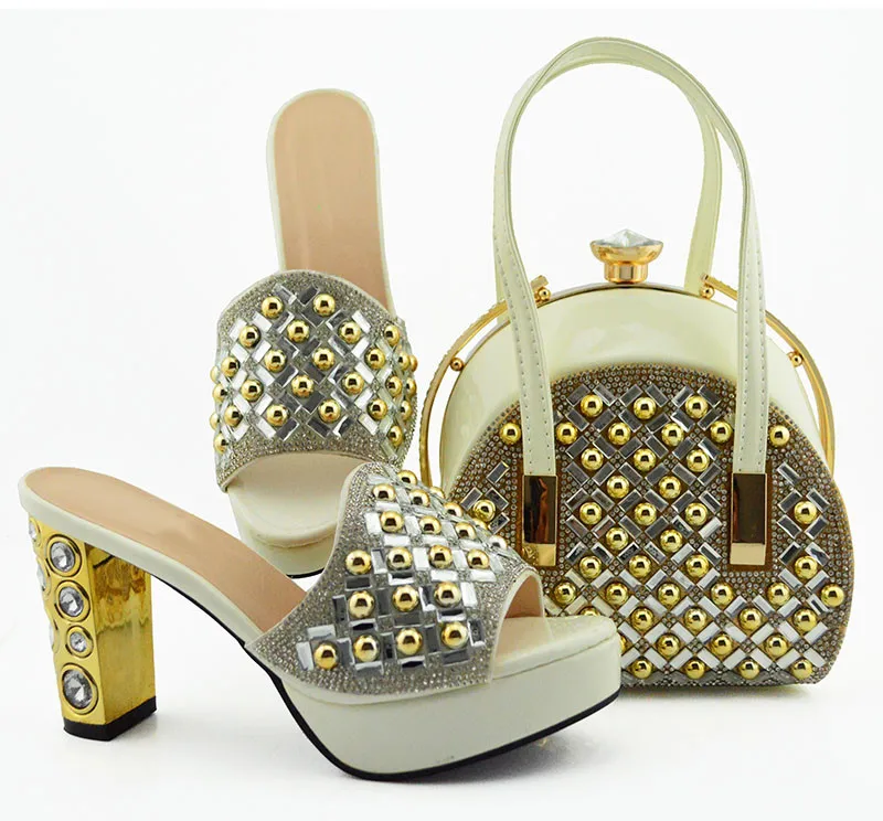 

Beautiful white women dress shoes with rhinestone decoration african pumps match handbag set MD007,heel 10CM