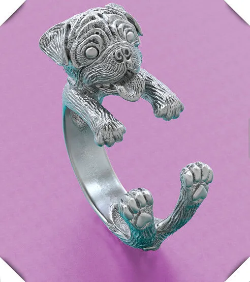 wholesale adjustable hippie pug Ring free size punk animal  pug dog Ring jewelry for pet lovers 12pcs/lot