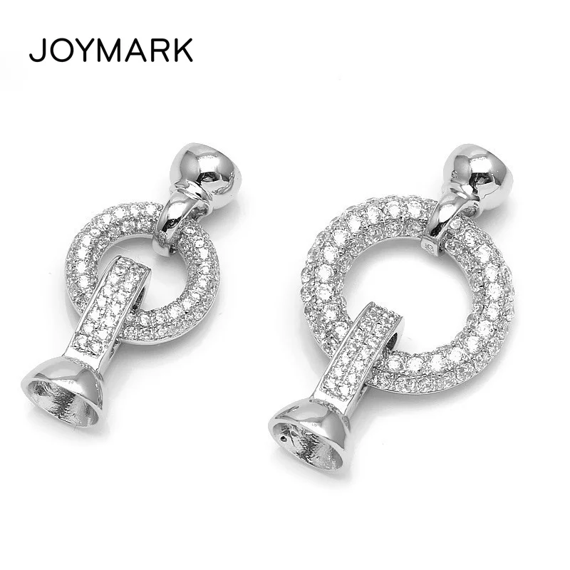 Round Pave Zircon 925 Sterling Silver Jewelry Findings End Caps Connector Clasps For DIY Pearl Necklace Bracelet Making SC-CZ070