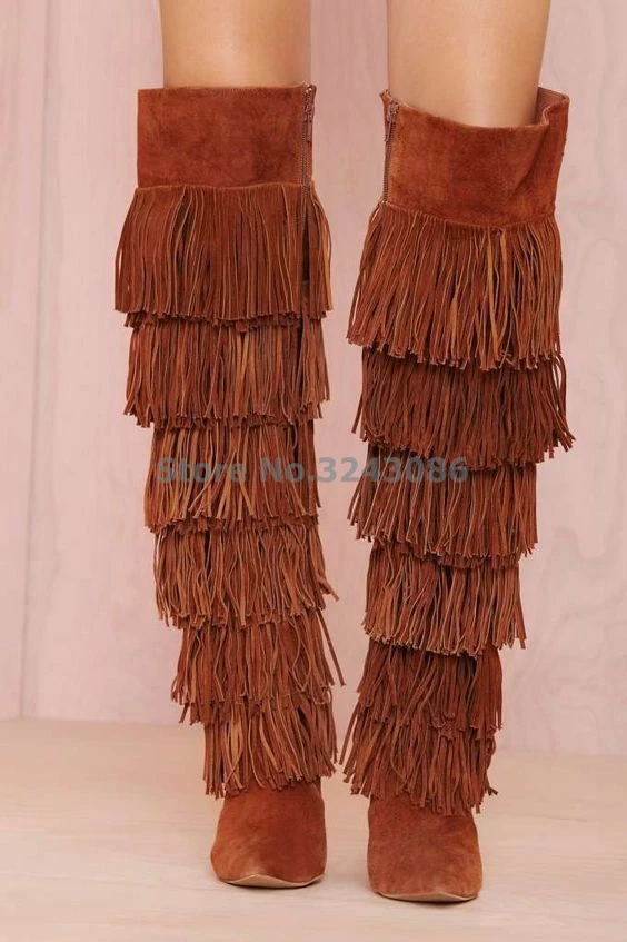 Pointed Toe Knee High Fringe Long Boots Black Brown Thin High Heel Women Long Boots Bohemian Style Casual Women Boots