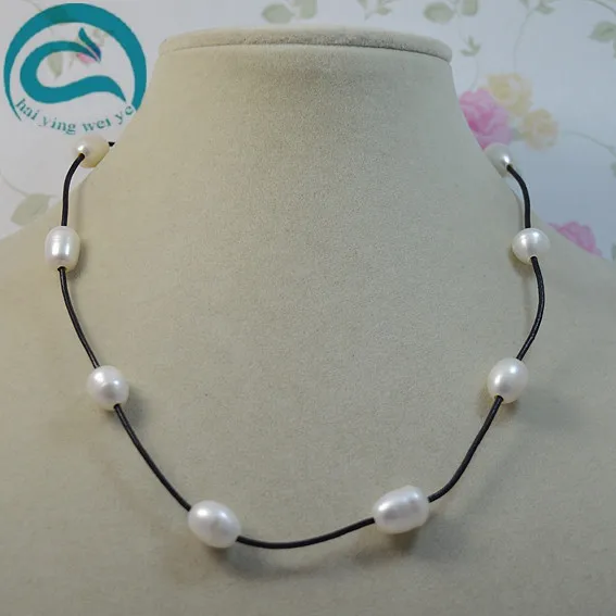 Real Leather Pearl Necklace Natural White Color AA 10-11MM Freshwater Pearl Black Leather Necklace Woman Fine Jewelry