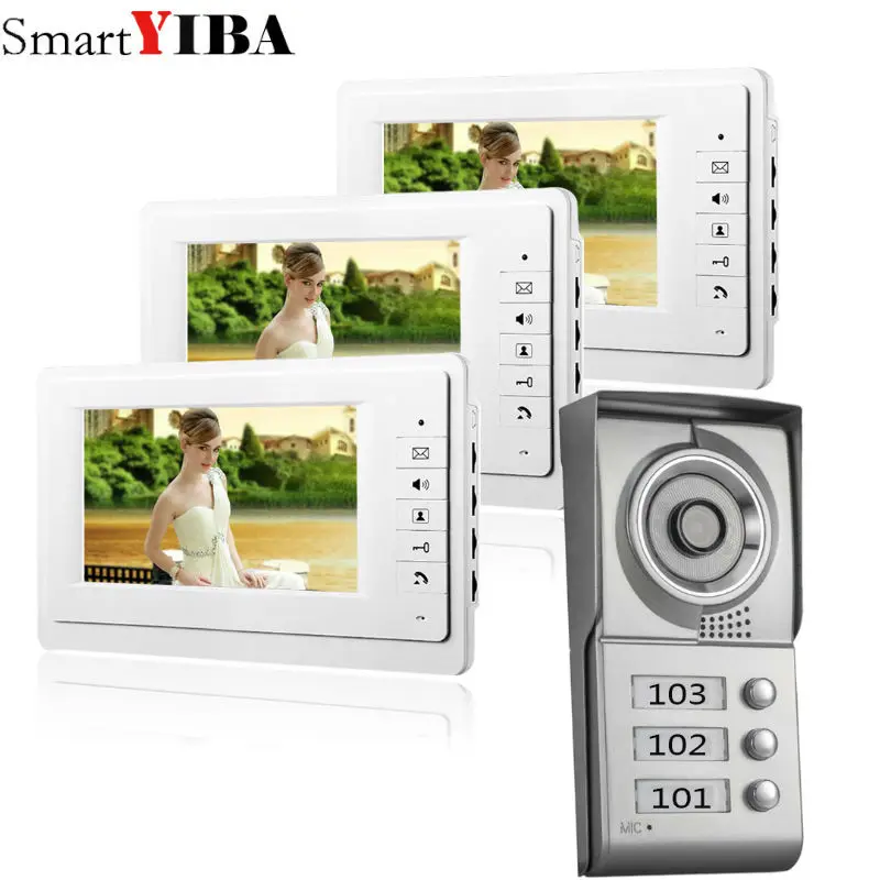 

SmartYIBA 7" Video Intercom Apartment Door Phone System 3 White Monitors 1 HD Camera for 3 Household 3 Unit Apartment Intercom