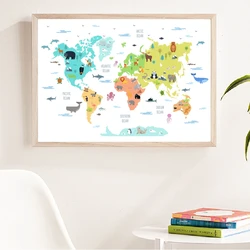 World Map with Wild Animals Prints Educational Poster Cute Cartoon Mammals Canvas Painting Nursery Picture Kids Room Wall Decor