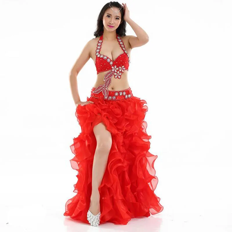 Traje de danza del vientre hecho a mano para mujer, conjunto de 3 unids/set, 2 colores, Sexy, trajes de Baile Oriental, nuevo diseño