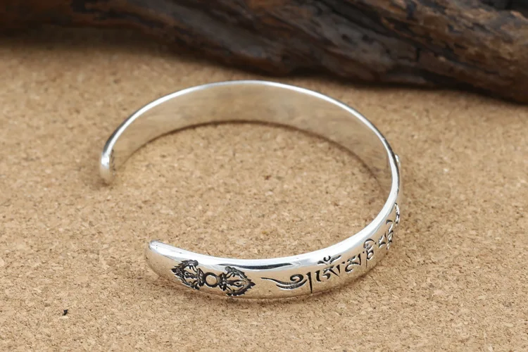 100% 925 Silver Tibetan Six Words Proverb Bracelet Sterling Silver Buddhist Vajra Dorje Bangle Women Cuff Bracelet Unisex