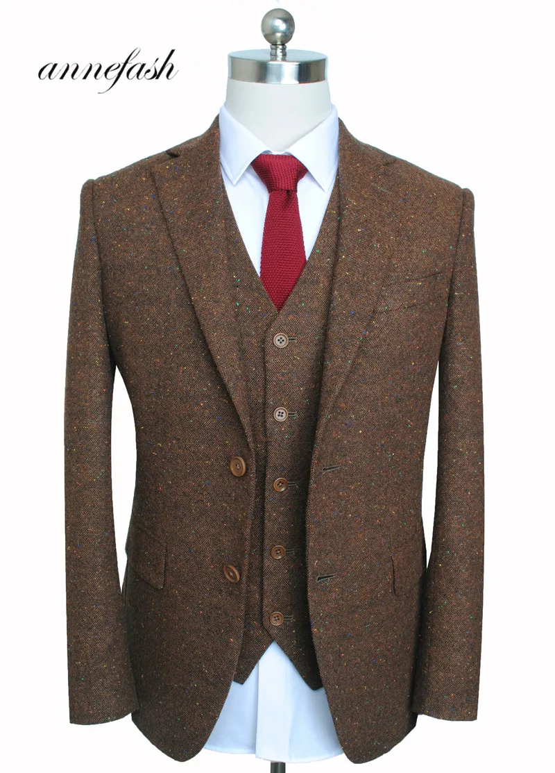 

Custom Made Retro melange color spot copper brown woolen tweed suit British style Mens suit slim fit Blazer wedding suit 3pcs