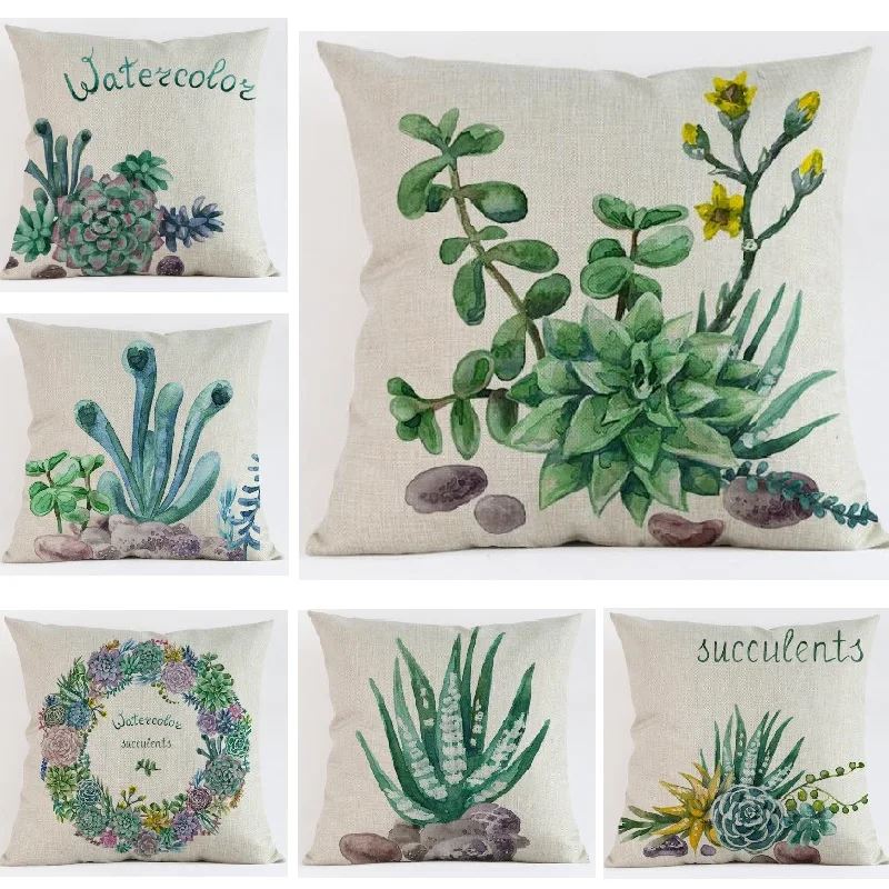 Cushion Cover Succulents Plant Printed Linen Throw Pillows Sofa Car Cover Home Decorative Pillowcase Custom 45x45cm