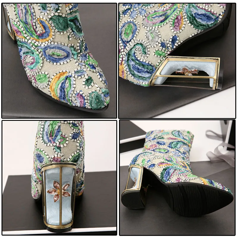 Phoentin ethnic print flower women\'s boots mixed color crystal bird cage high heels 10cm high quality female short boots FT255