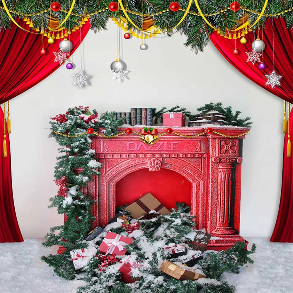 

Merry Christmas Photo Backdrop Printed Silver Balls Stars Presents Pine Branches Red Curtains Fireplace Xmas Party Background