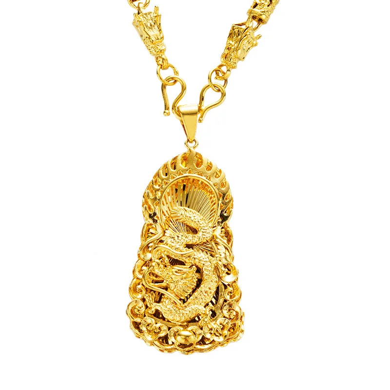 MHXFC Wholesale European Fashion Man Male Party Wedding Gift Vintage Dragon Cylinder Beads Real 18KT Gold Pendant Necklace NL174