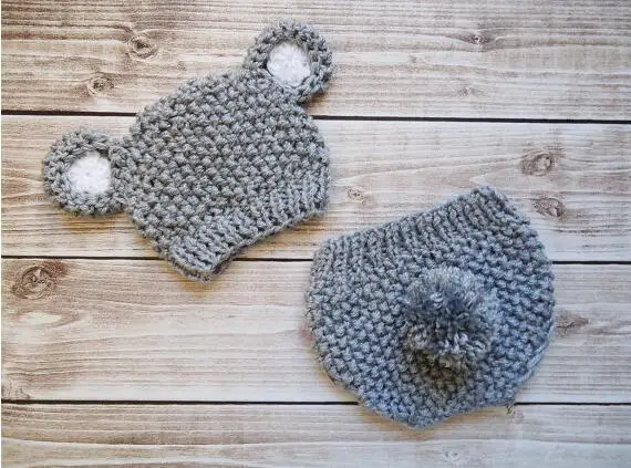 

free shipping,Baby Hat, Baby bear Hat, Knit Beanie Hat with Ears , gray Teddy Bear Hat whit diaper cover set MADE TO ORDER NB-3M