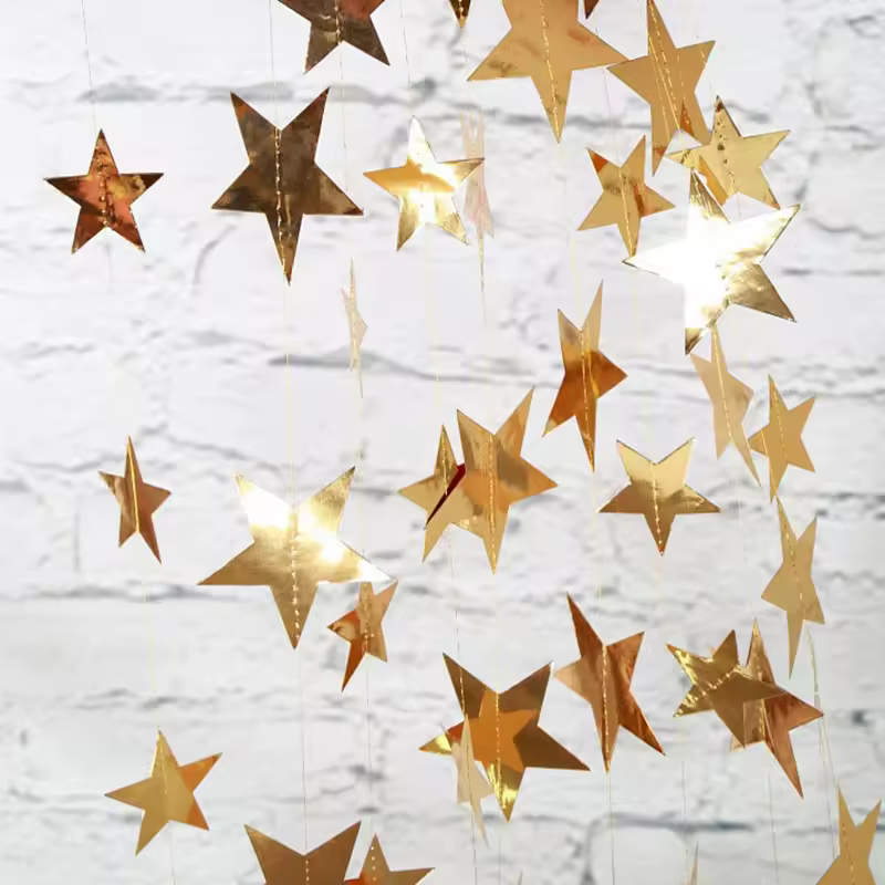 Guirnalda de papel dorado y plateado brillante de 4M, pancarta de cadena de estrella, pancarta de boda para fiesta, decoración colgante de pared para el hogar, recuerdos de baby shower