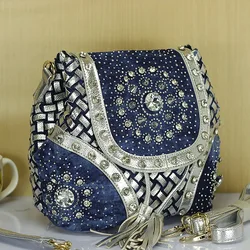 Brand Elegant Rhinestone Fashion Women Shoulder Bag Jeans Casual Ladies Denim handbags female tote bags mochila