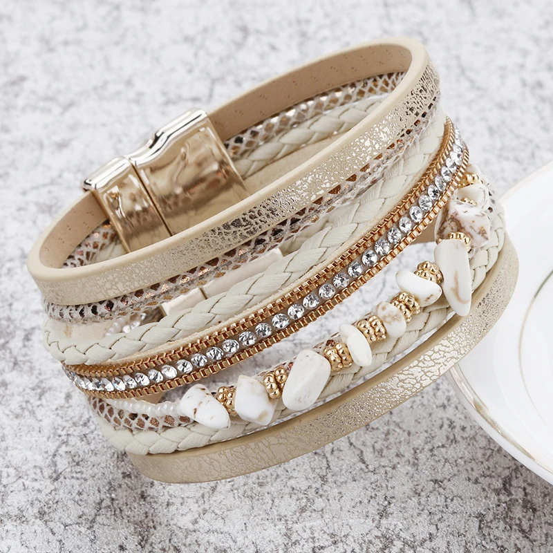 ALLYES bransoletki ze skóry z kamienia naturalnego dla kobiet mężczyzn luksusowa marka Femme styl Boho szeroka wielowarstwowa bransoletka Wrap biżuteria damska — zdjęcie 4