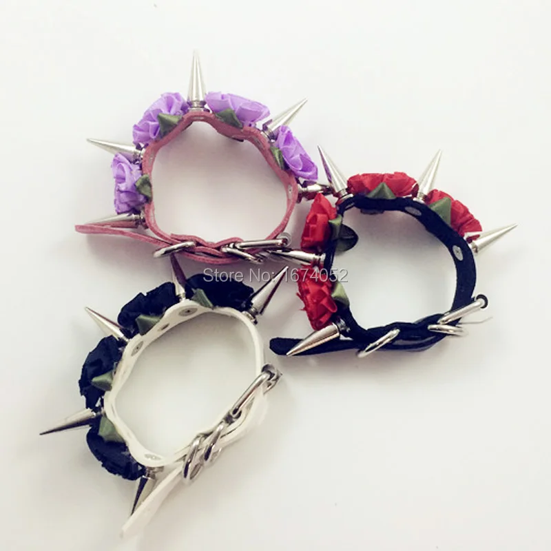 Cute Lolita Harajuku Handcrafted Rose Flower Long Spikes Leather Bangle Bracelet Wristlet Handcuff Hand Cuff