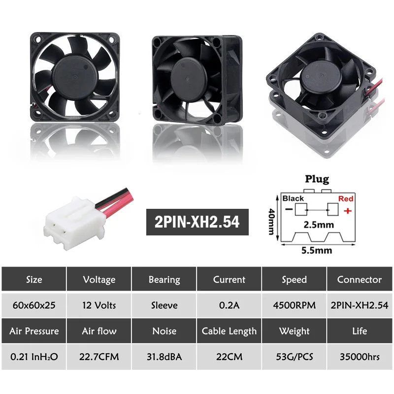 1PCS Gdstime DC 12V 6025s 6cm 60mm x60x25mm 2Pin Brushless PC CPU Computer Case Cooling Fan