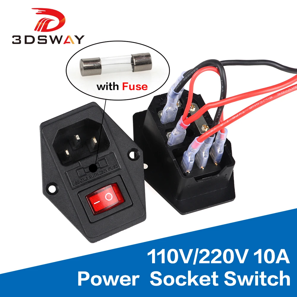 3DSWAY 3D Printer Parts 110V/220V 10A Power Supply Socker Switch Tripod Feet with Fuse Short Circuit Protection with 20cm Cable