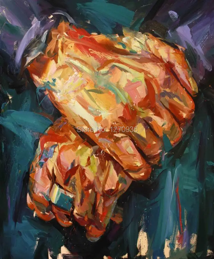 Brave Father's Hand is Holding a Fist Wearing a Gold Ring Only Hand Painted Oil Painting in the Canvas High Skill Painting Decor