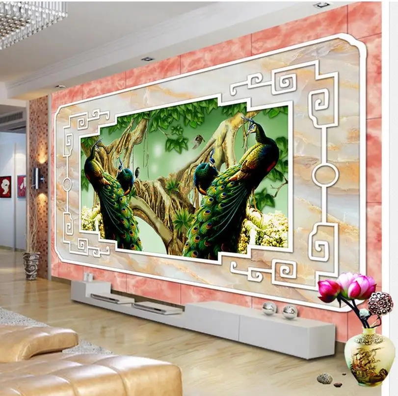 Marble border woods Peacock TV background wall decoration painting living 3d wallpaper Home Decoration