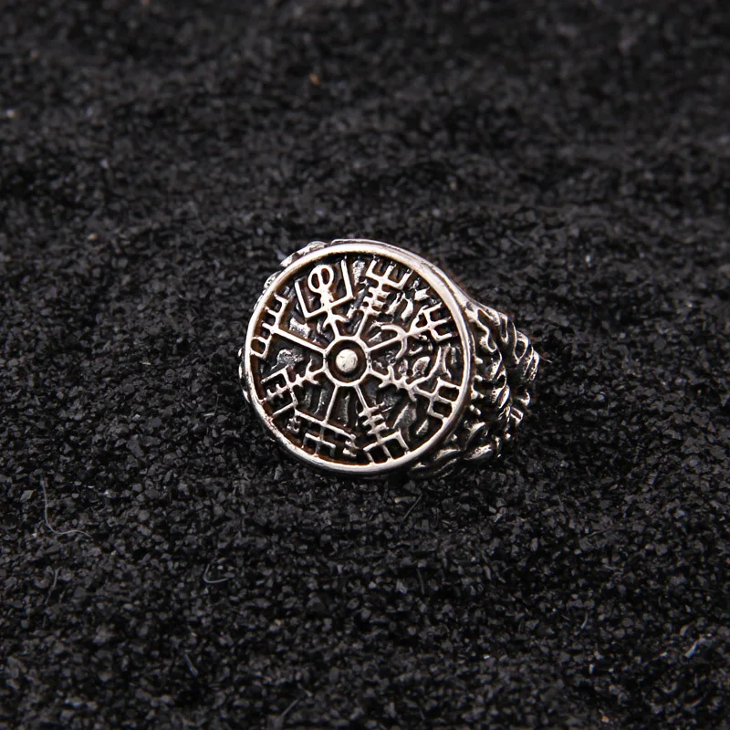 925 sterling silver Viking Vegvisir rune Shield adjustable ring with vintage viking wood box as gift