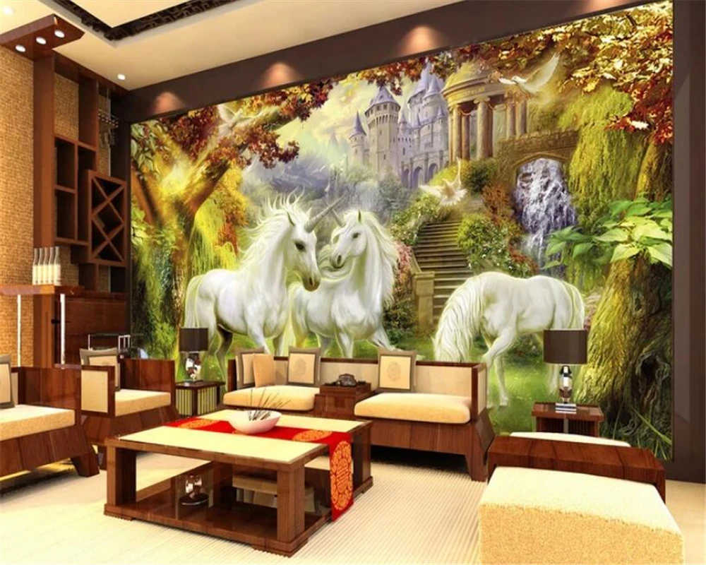 

beibehang Classical interior painting stereoscopic wallpaper European style forest white horse background wall papers home decor