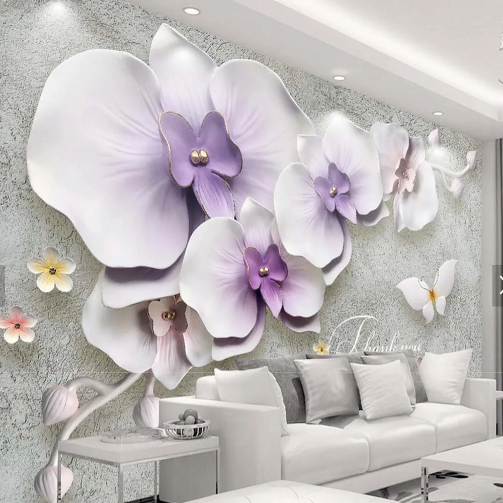 

3D Embossed Moth Orchid Flower Jewelry Pearls Photo Wallpaper Mural for Living Room Sofa TV Background Wall Decor Custom Size