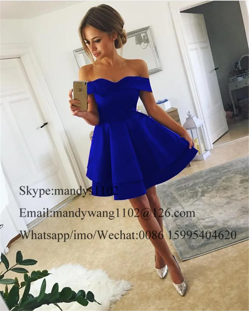 Rot Satin Short Mini Graduation Kleider Sexy Off Schulter Royal Blue Homecoming Party Kleider Backless Vestido de formatura