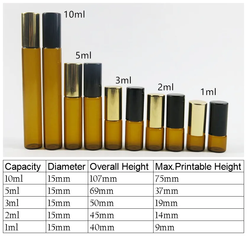 1ML 2ML 3ML 5ML 10ML Amber Roll On Roller Bottle for Essential Oils Refillable Perfume Bottle Deodorant Containers with Gold lid