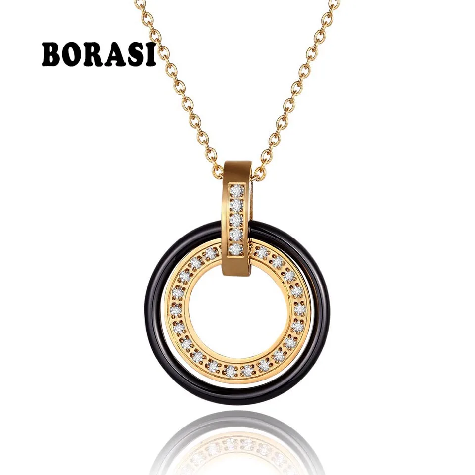 Fashion Jewelry Simple Black Ceramic Circle Crystal Pendant Necklaces With Women\'s Stainless Steel Circles Necklace & Pendants