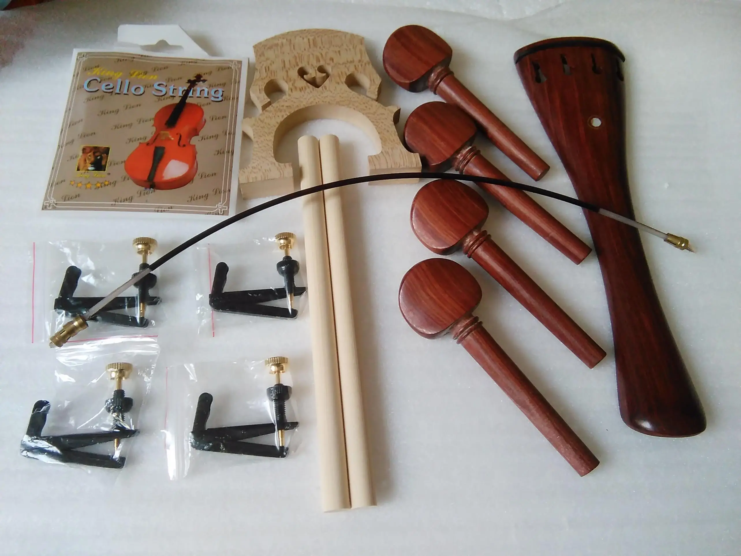 1Set Cello Parts Ebony Parts Rose Wood Cello Fitting 4/4 String Nylon Gut Fine Tuners Bridge All In 4/4