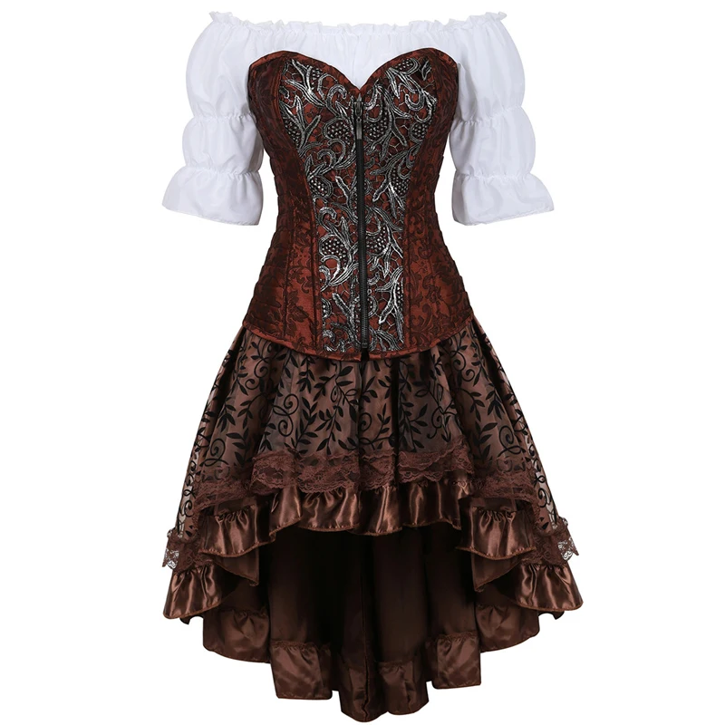 Brown Corset Dress 3 Set Plus Size Sexy Overbust Bustier Top Skirt Pirate Steampunk Victorian Burlesque Gothic Exotic