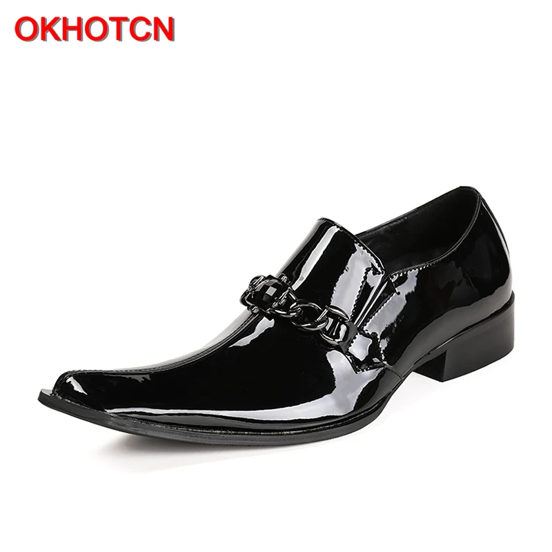 

OKHOTCN Pure black man spring autumn shoes genuine leather man formal shoes business party shoes metal decoration square toe