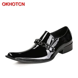 OKHOTCN Pure black man spring autumn shoes genuine leather man formal shoes business party shoes metal decoration square toe