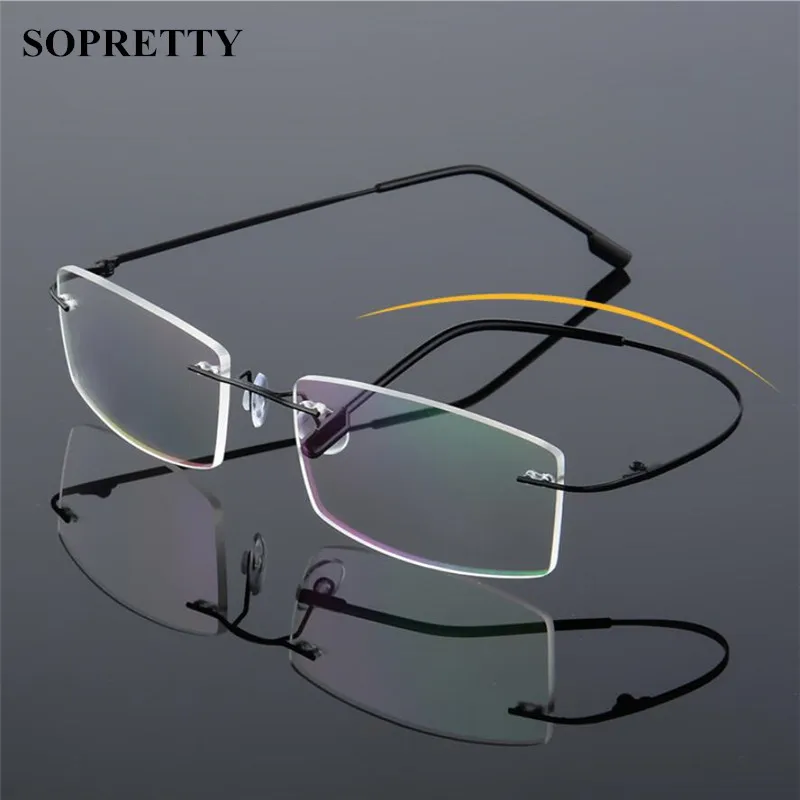 Klassische Herren Titan Randlose Brille Rahmen, Frühling Tempel Myopie Optische Rahmen, Ultra-licht Rahmenlose Brillen F858