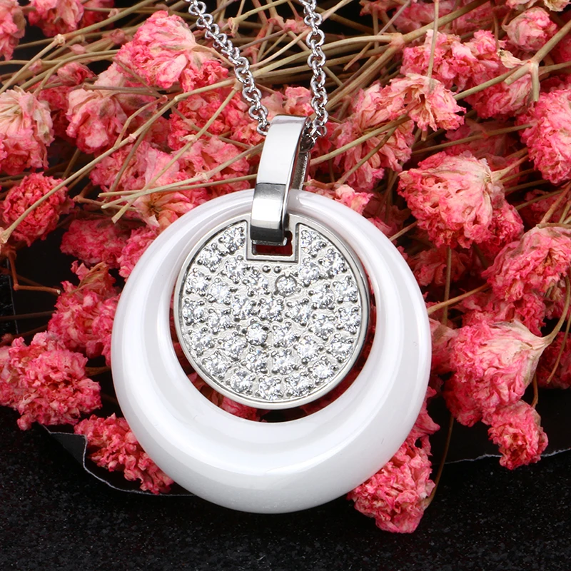 White Pendant Necklace Double Layers Circle Ceramic With Bling Rhinestone Crystal For Women Fashion Jewelry 40cm Steel Chains