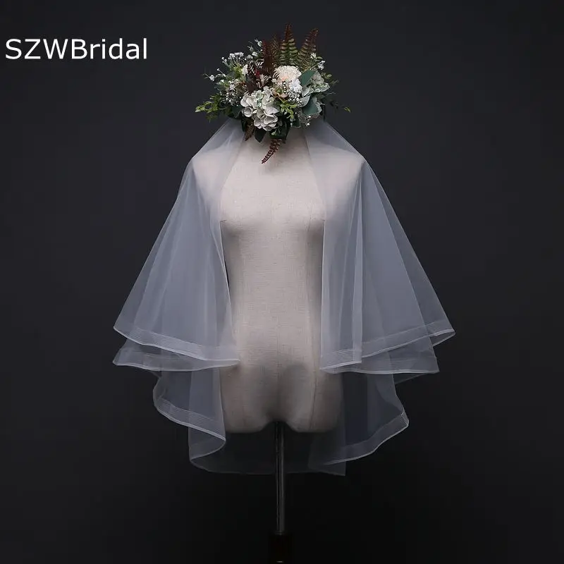 

Wedding Veil With Combs With Comb Sexy Yarn Dyed Two-layer 2024 Real Photos Ribbon White Ivory Tulle Bride Cheap Bridal Veils