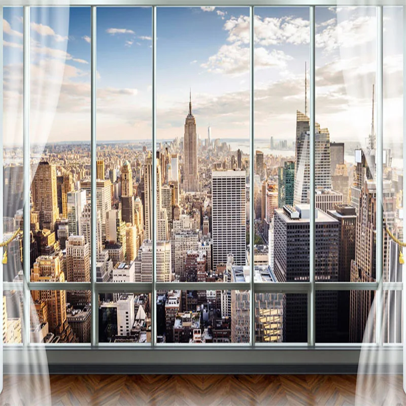 Custom Photo Wall Mural 3D Stereo Window New York City Building Landscape Wallpaper For Office Living Room Home Decor Wall Cloth