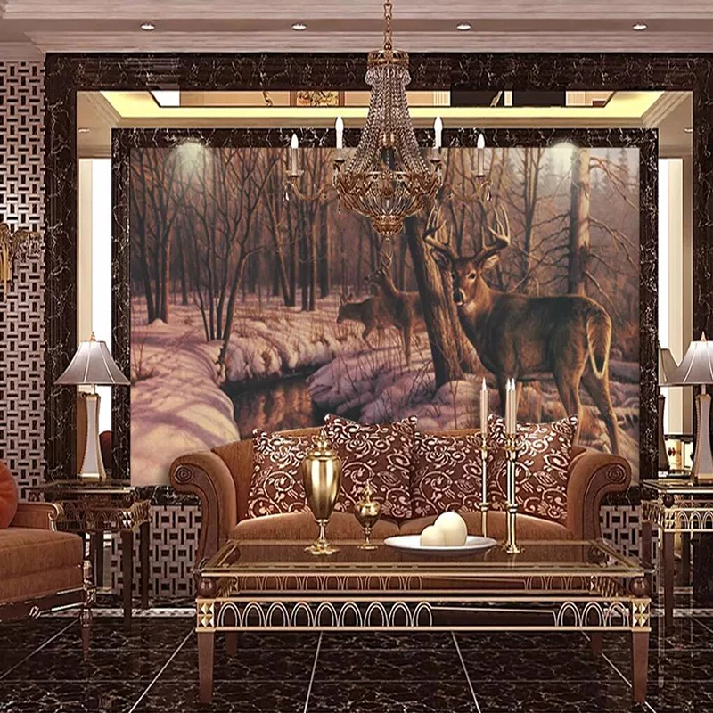 

Decorative wallpaper Vintage forest elk oil painting TV background wall paper