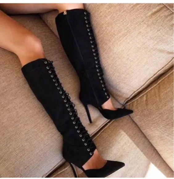 цена Designer sexy women pointed cut outs lace up boots black suede high heeled knee high boots  free shipping