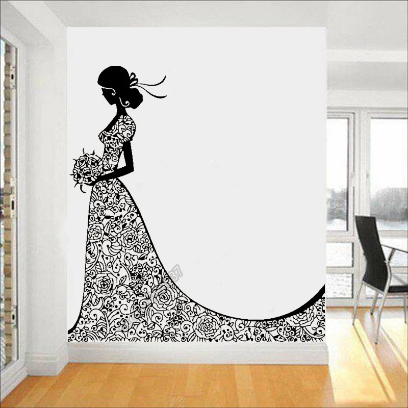 Wedding Dress Elegant Happy Girl Bouquet Dream Wedding Party Decal Home Decor Newly-married Couple Room Sticker Removable B246