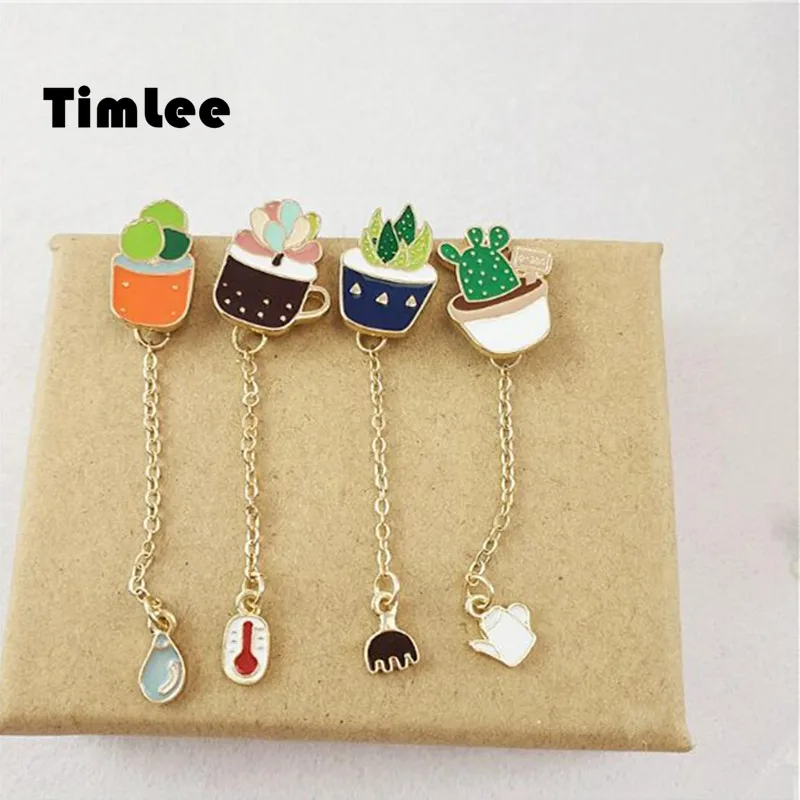 Timlee X001 Free Shipping Cute Succulent Potted Aloe Vera Metal Oil Drop Brooch Pins  Fashion Jewelry Wholesale