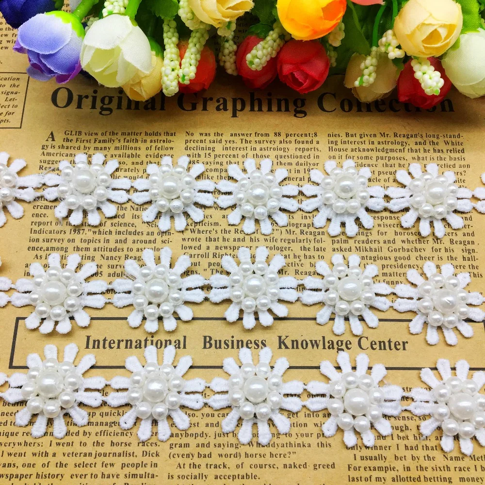 

50x Polyester Pearl Beaded Daisy Flower Embroidered Lace Trim Ribbon Fabric Sewing Craft For Costume Wedding Dress Decoration