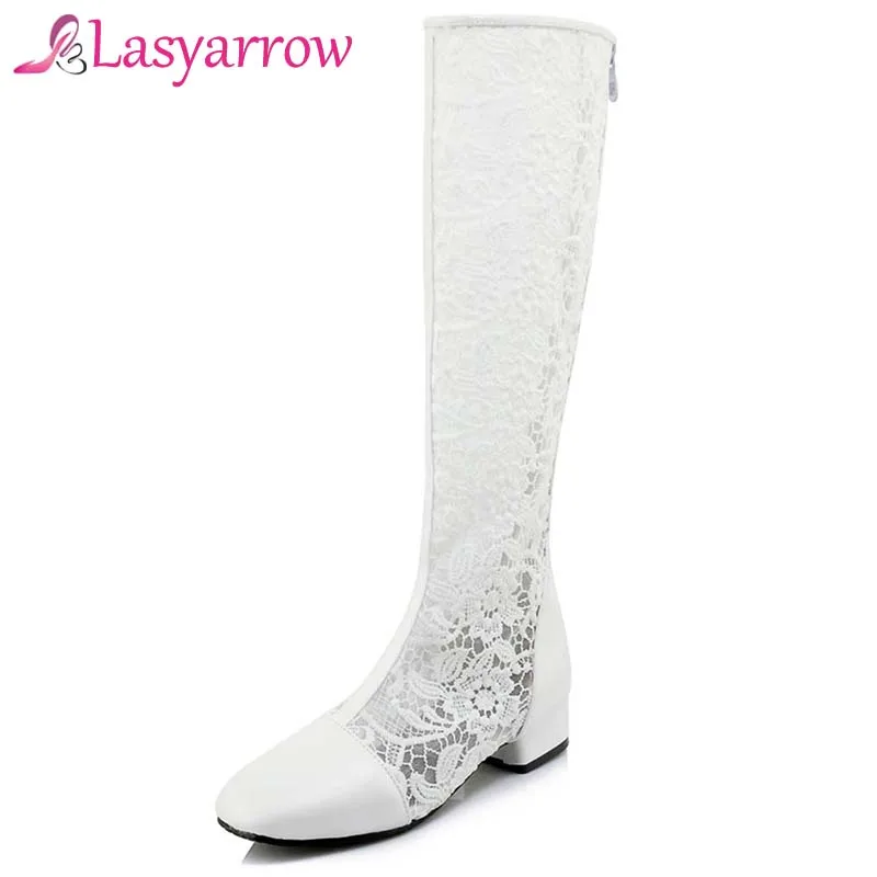 Lasyarrow Fashion Sexy Women Sandals Thick Heel Square Toe Zipper Knee High Boots Female Footwear 2018 Summer Big Size 33-46