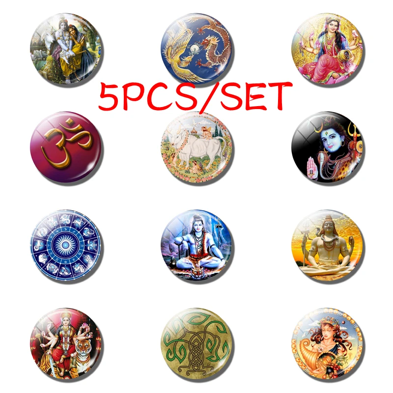 5PCS/SET Goddess Krishna 25mm Glass Cabochon Jewelry Lord Shiva Amulet Charm Pendant Fashion Accessories Hinduism Creative Gifts