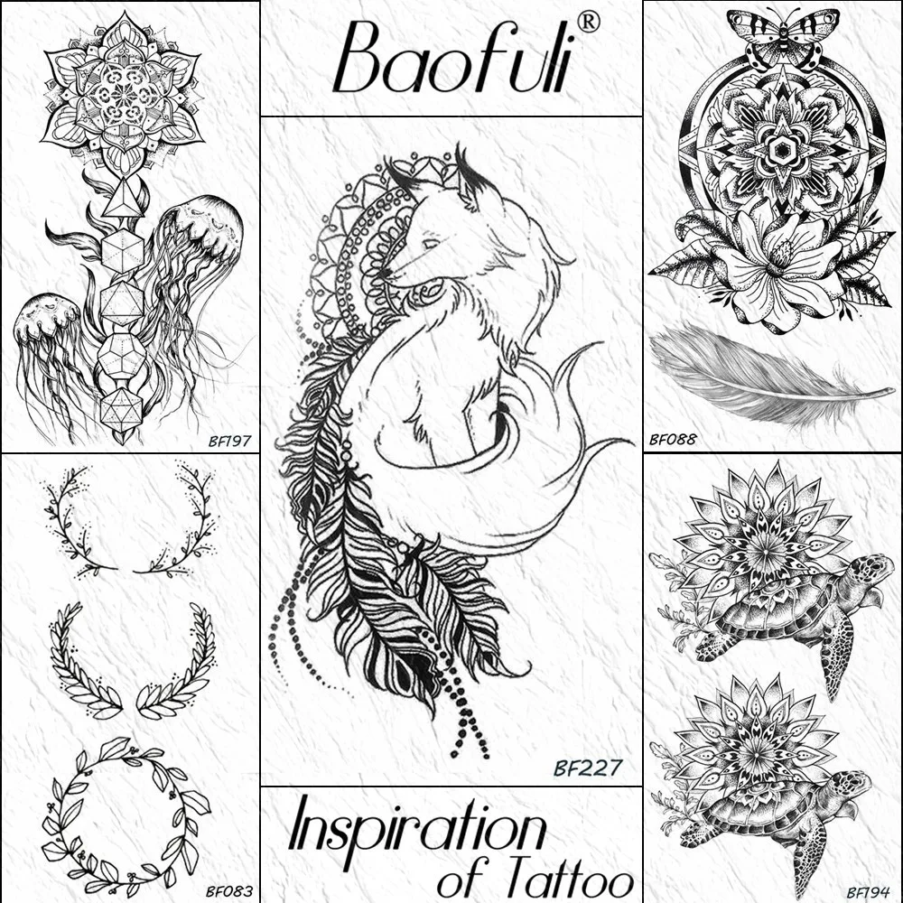 Baofuli Fox Leaves Totem Tribal Black Henna Temporary Tattoo Sticker Sheets Waterproof Tattoos Body Art Arm Fake Tatoo Women