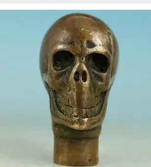 

100% brass Pure Copper Brass Grandpa Good Lucky crafts Chinese Old Handmade Carved Skull Statue Walking Stick Head